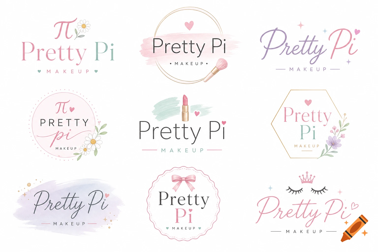 Nine pastel logos for 'Pretty Pi Makeup', featuring flowers, makeup brushes, lipsticks, and crowns in a cute, watercolor style.