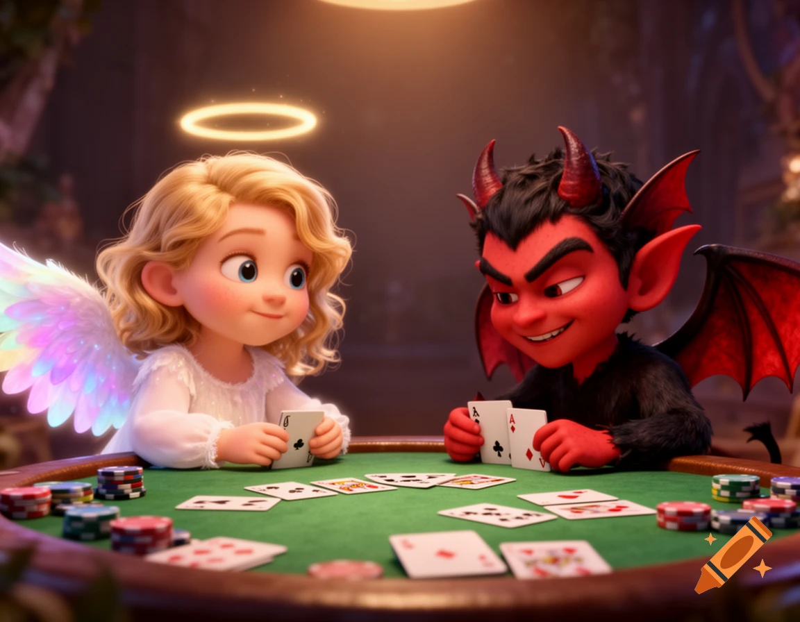 A cartoon angel and devil playing poker at a green table with chips, in a highly detailed 3D Pixar style.