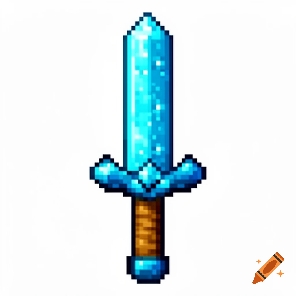 A pixelated blue diamond sword with a brown handle on a white background, in the style of Minecraft.