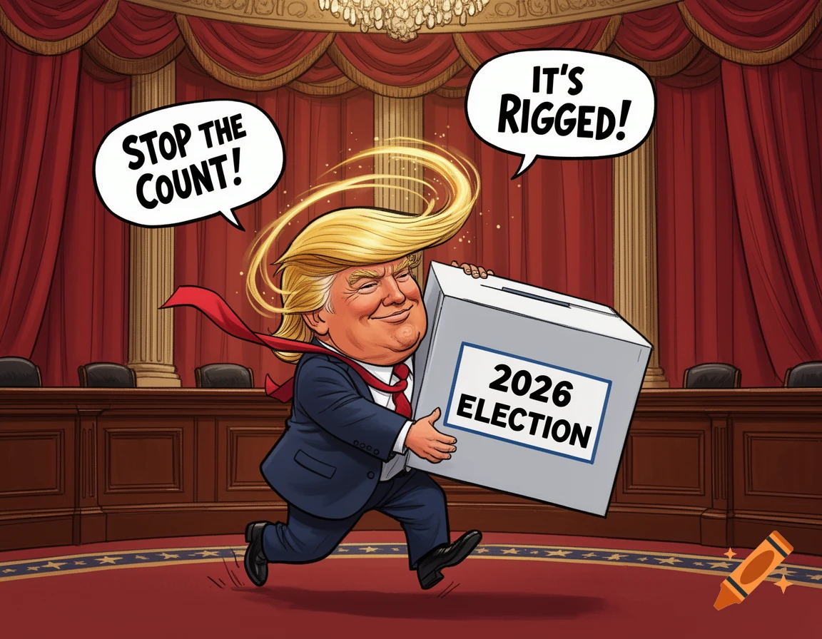 Cartoon of Donald Trump running with a '2026 ELECTION' ballot box, saying 'STOP THE COUNT!' and 'IT'S RIGGED!'