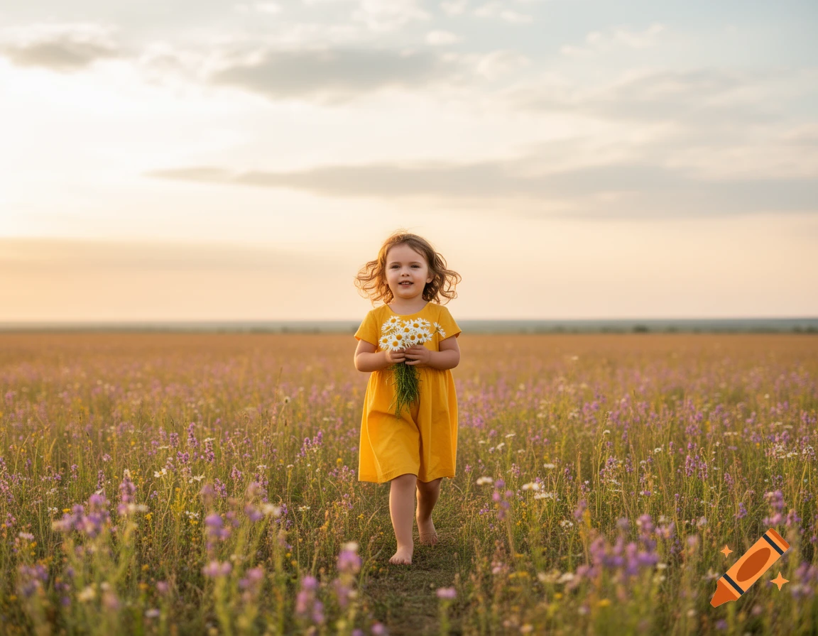 A happy little girl in a yellow dress walks barefoot through a field of purple and white wildflowers at sunset, holding daisies.