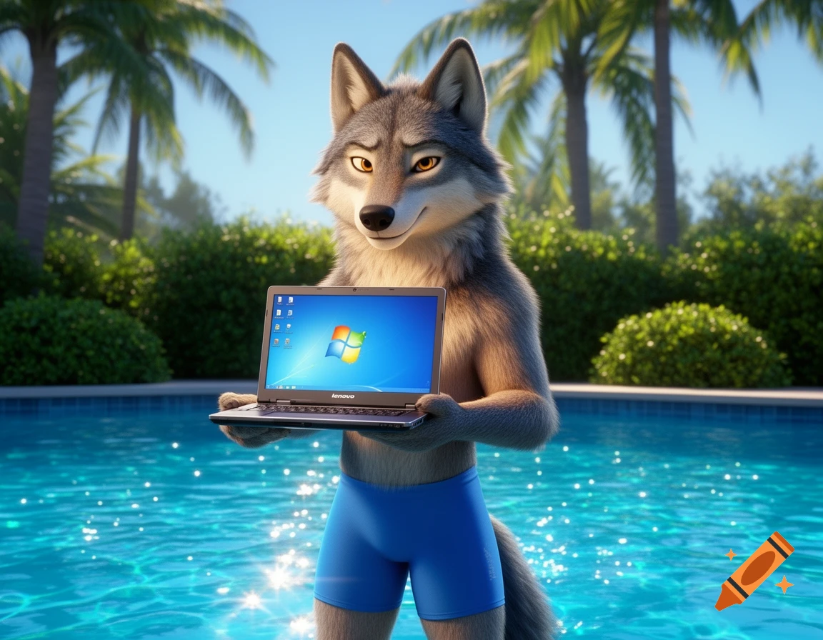 An animated wolf in blue swim trunks holding a Lenovo laptop with a Windows 7 screen, standing in a sunny pool with palm trees.