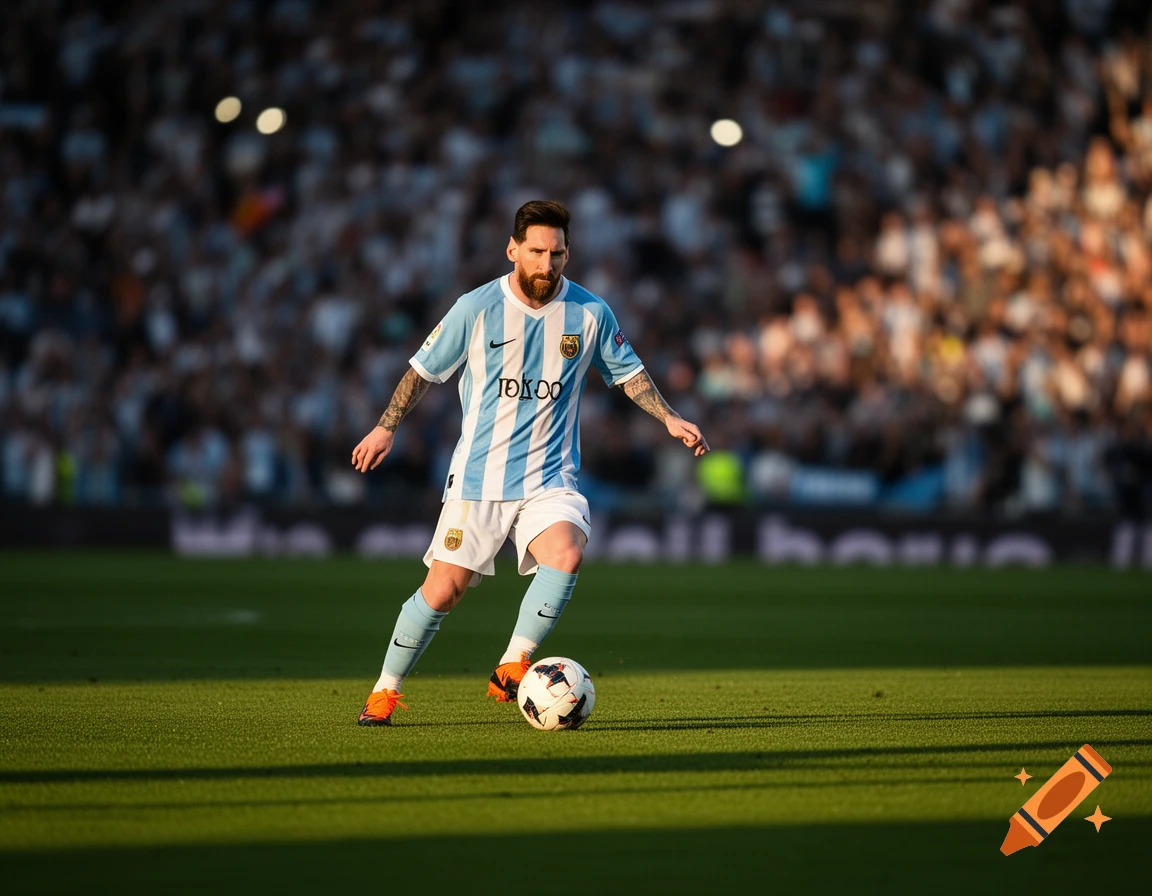 A bearded soccer player in a light blue and white striped jersey dribbles a ball on a green field with a stadium crowd in the background.