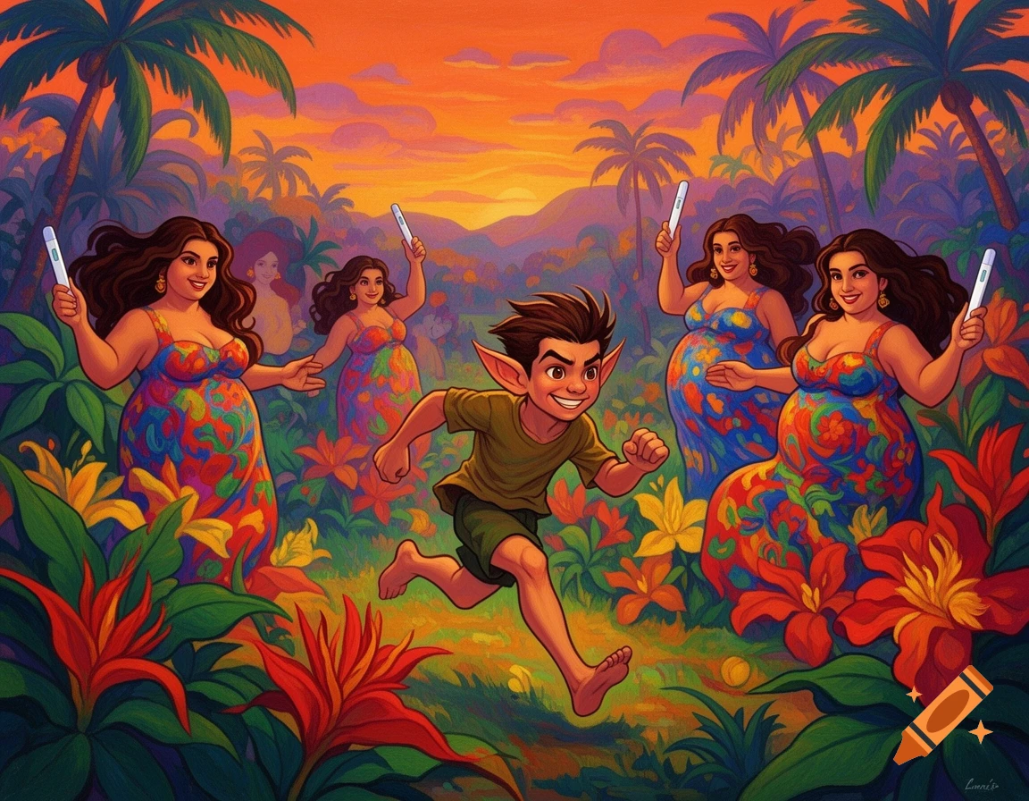 Cartoon of a young man with elf ears running from several smiling, pregnant women holding pregnancy tests in a vibrant tropical jungle.