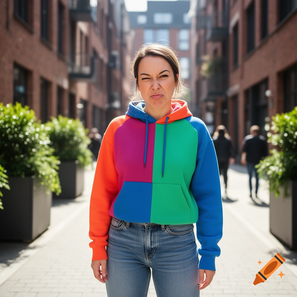 A young woman in a multicolored hoodie and jeans makes a scrunched, winking face in an urban alley.