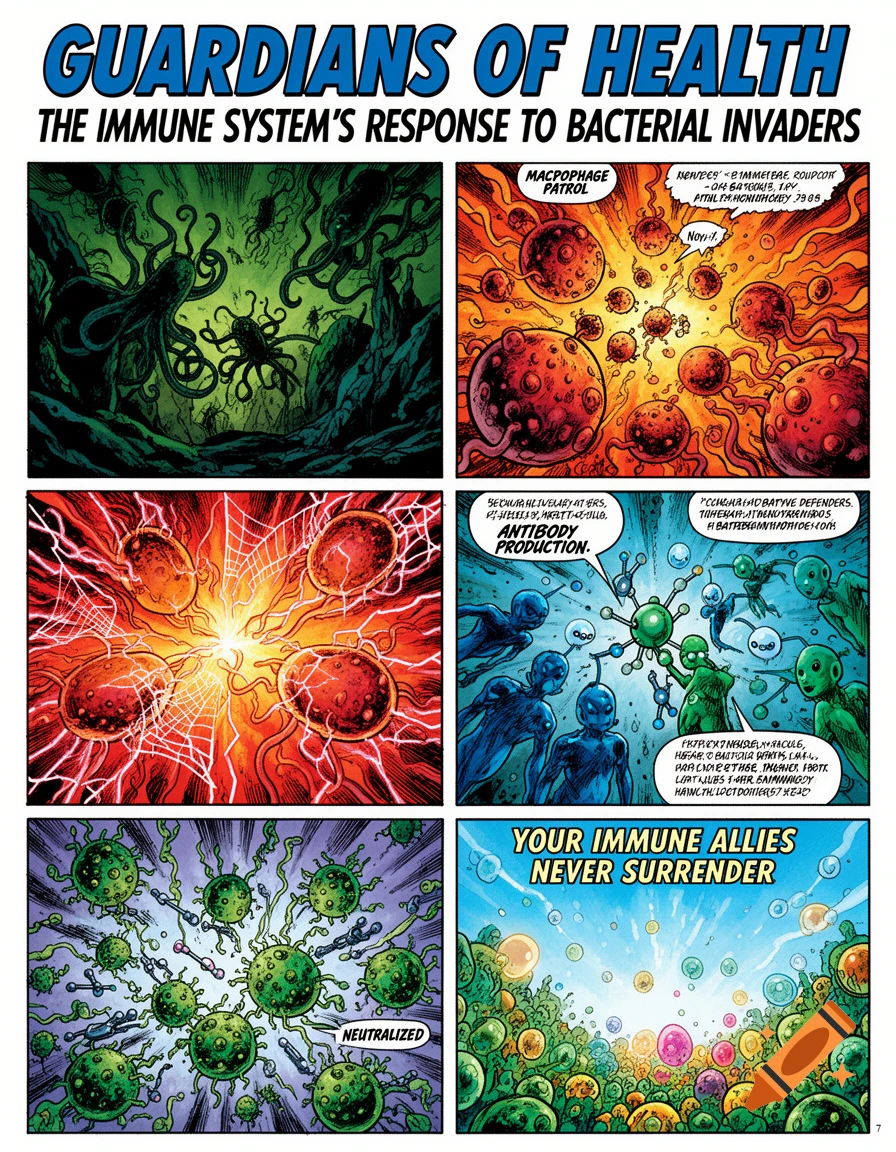 Comic book style panels illustrating the immune system's response to bacterial invaders, featuring cells, antibodies, and the neutralization of pathogens.