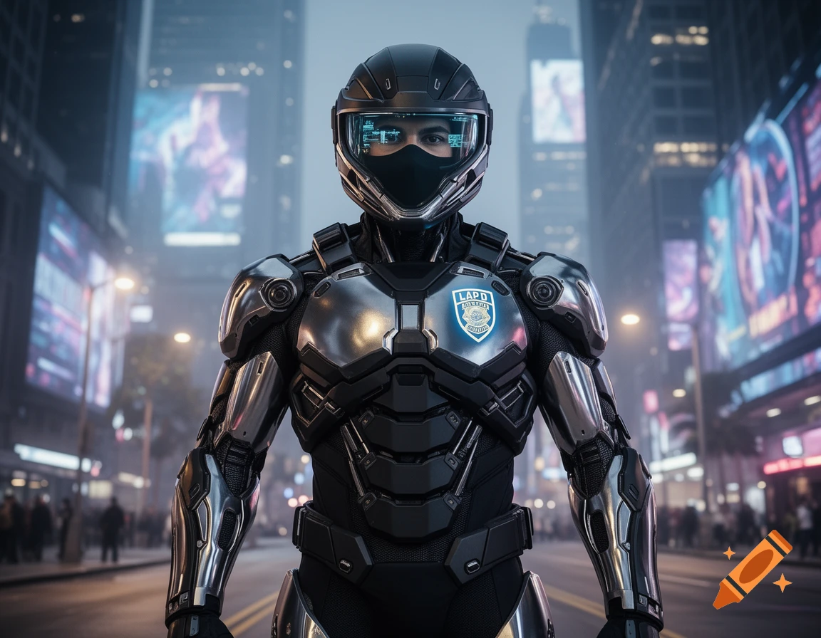 A futuristic LAPD officer in sleek black and chrome battle armor stands in a bustling, neon-lit cyberpunk city street in a photorealistic style.