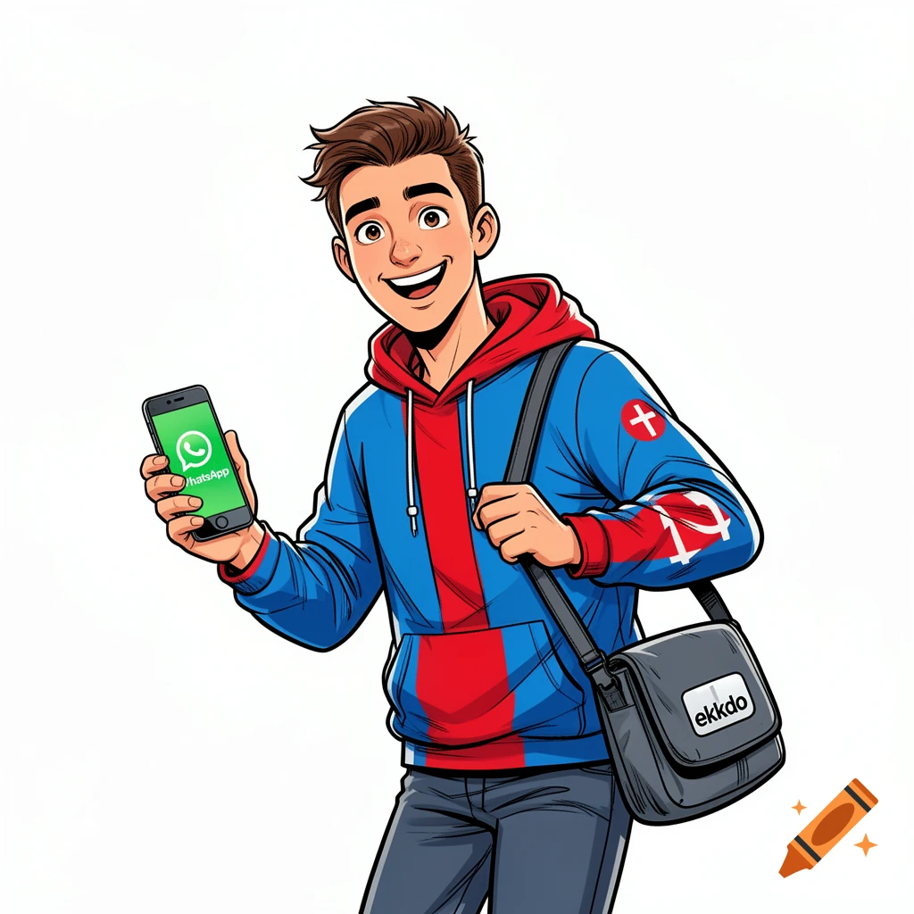 Smiling cartoon man in a blue and red hoodie holding a smartphone with WhatsApp logo and a messenger bag with 'ekkdo' text.