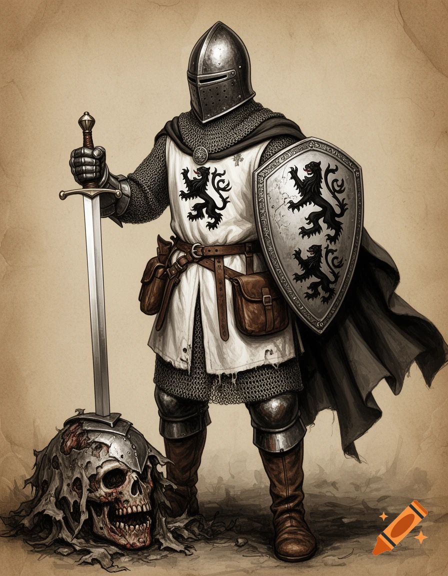 A medieval knight in full armor, holding a longsword and a shield with black ermine symbols, stands over a decaying zombie head impaled by his sword, in a detailed historical illustration style.