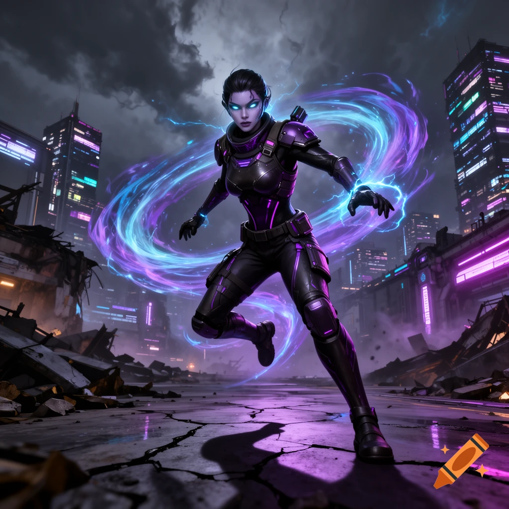 A sci-fi character, Wraith from Apex Legends, in a dark suit with glowing blue eyes and swirling energy in a ruined cyberpunk city.