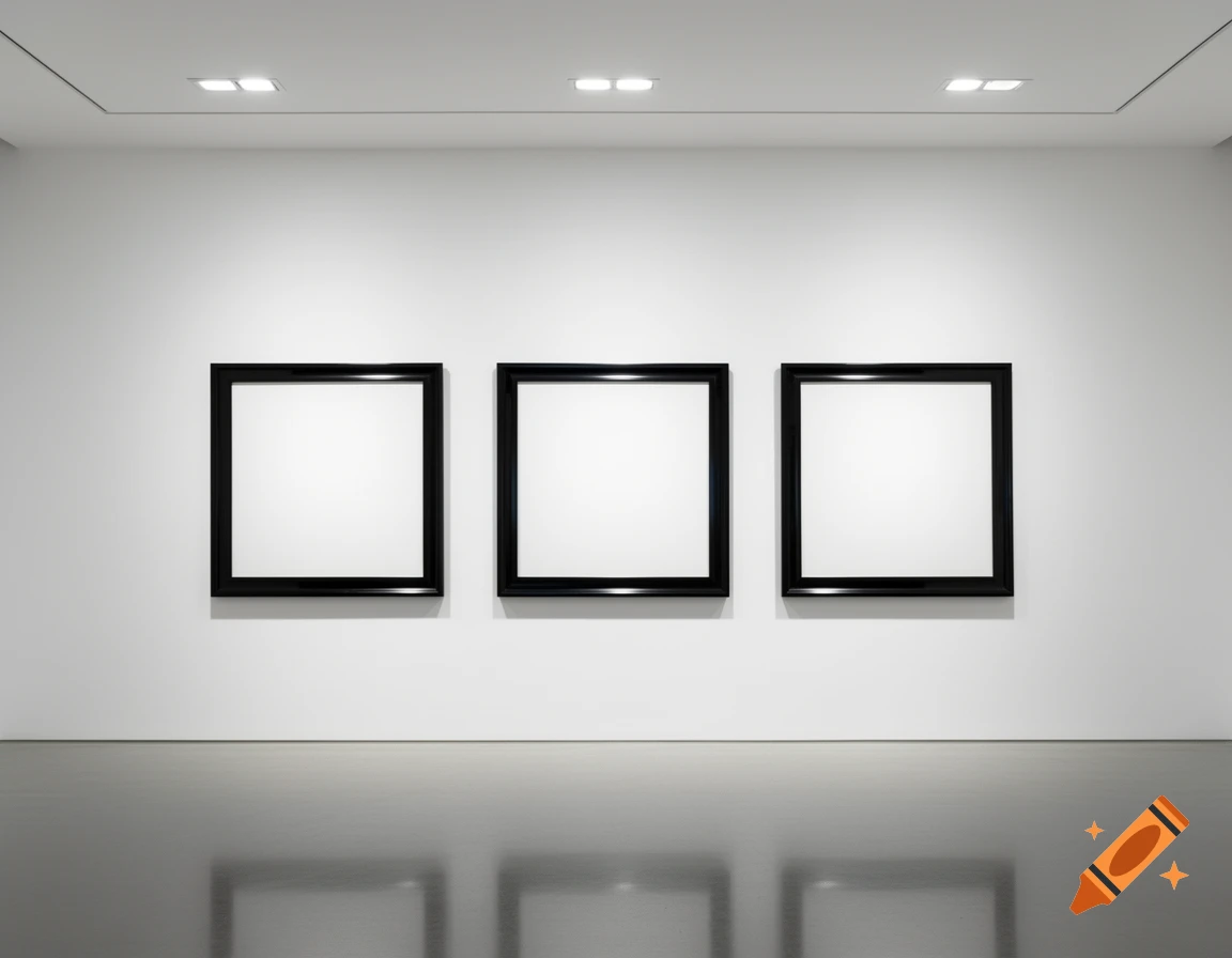 A modern art gallery with three black-framed blank canvases on a white wall above a reflective floor.