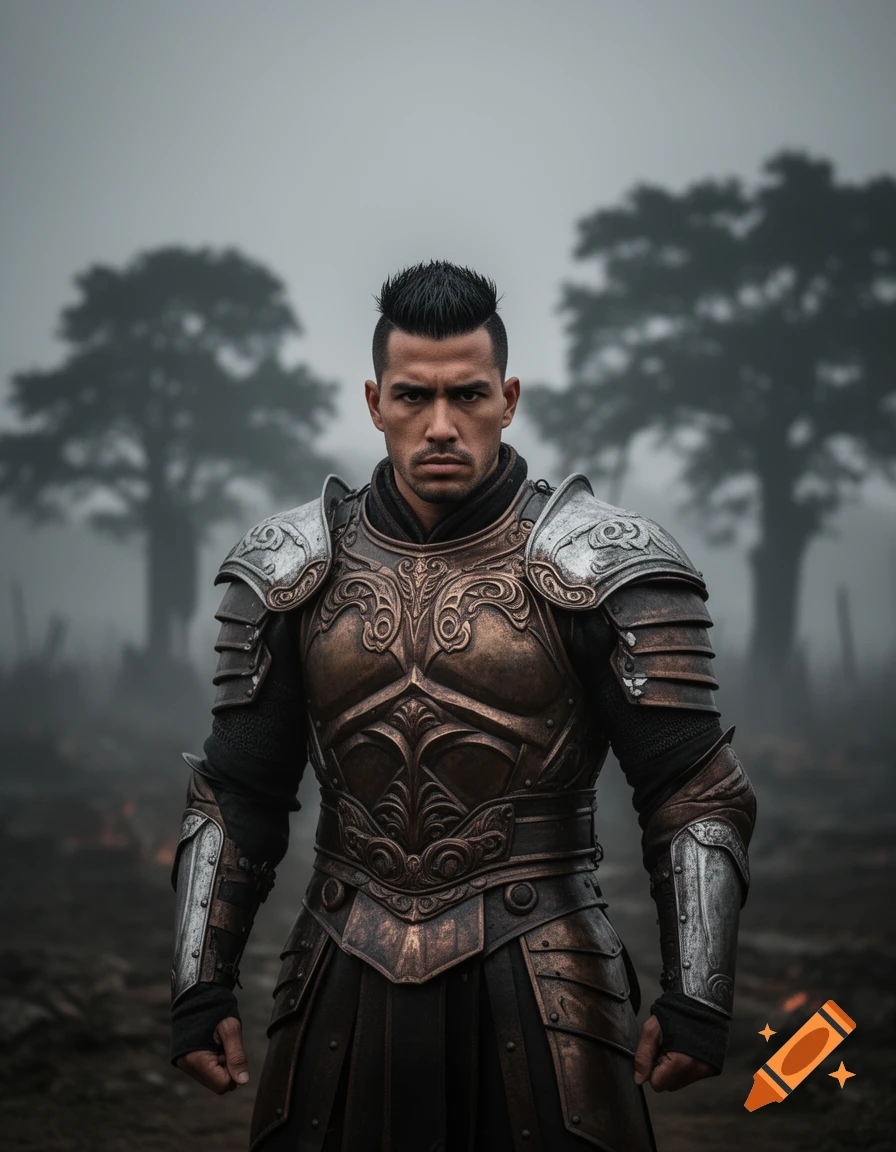 A photorealistic portrait of a stern male warrior with a short dark haircut, wearing ornate bronze and silver armor in a misty, desolate landscape.