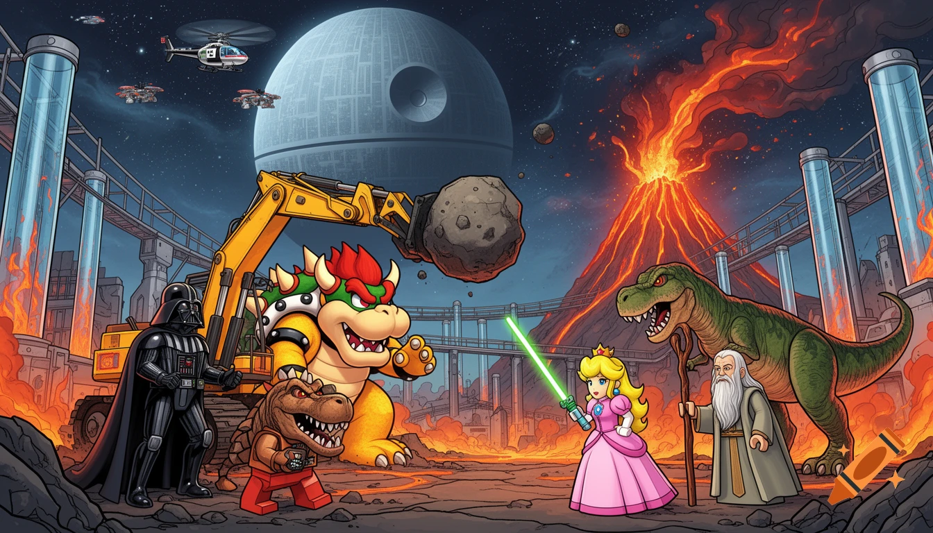 Comic-style illustration of a chaotic intergalactic scene with Bowser on an excavator, Darth Vader, Princess Peach with a lightsaber, Gandalf, and T-Rexes, with the Death Star and an erupting volcano in the background.