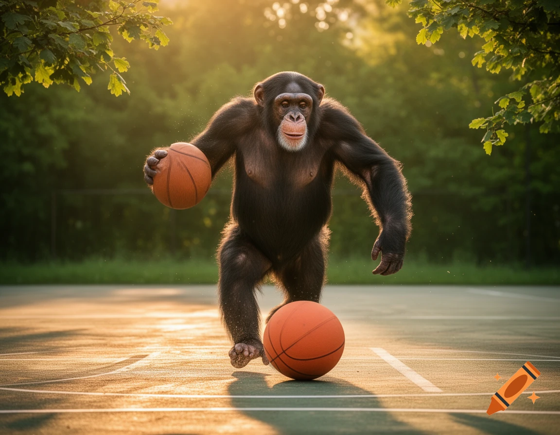 A chimpanzee dribbles two basketballs on an outdoor court during sunset, with golden light filtering through trees.