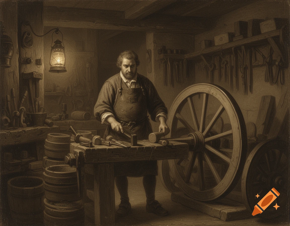 A sepia-toned painting depicts a male wheelwright in a historical workshop, carving wood at a workbench next to a large wagon wheel.