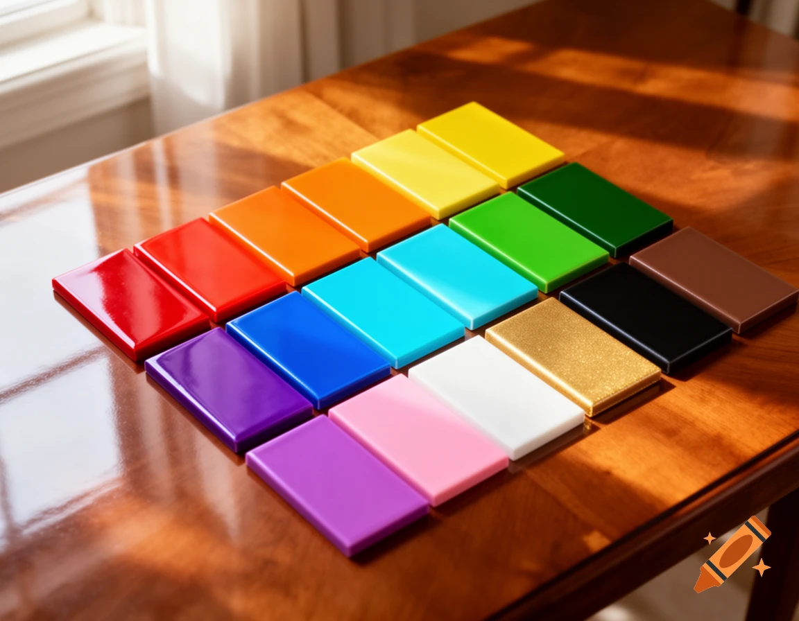 A diagonal grid of colorful rectangular blocks arranged on a glossy wooden table, illuminated by sunlight.