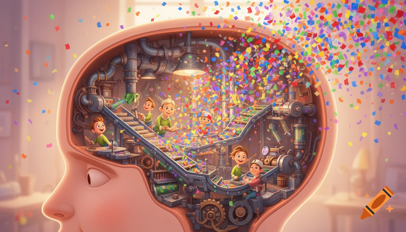 Cartoon cutaway of a head showing a confetti factory inside, with small workers sorting colorful confetti flying everywhere.