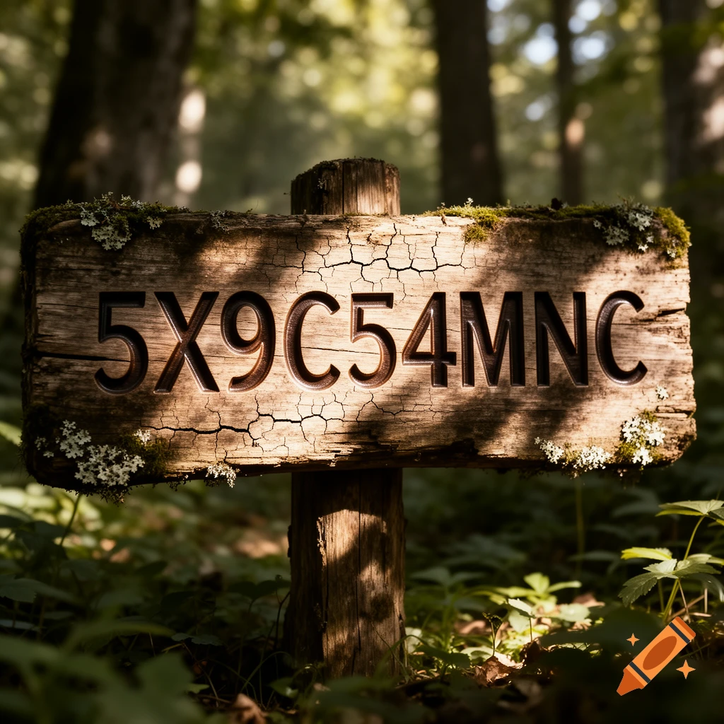 Photorealistic close-up of an old wooden sign with '5X9C54MNC' carved into it, in a sun-dappled forest.