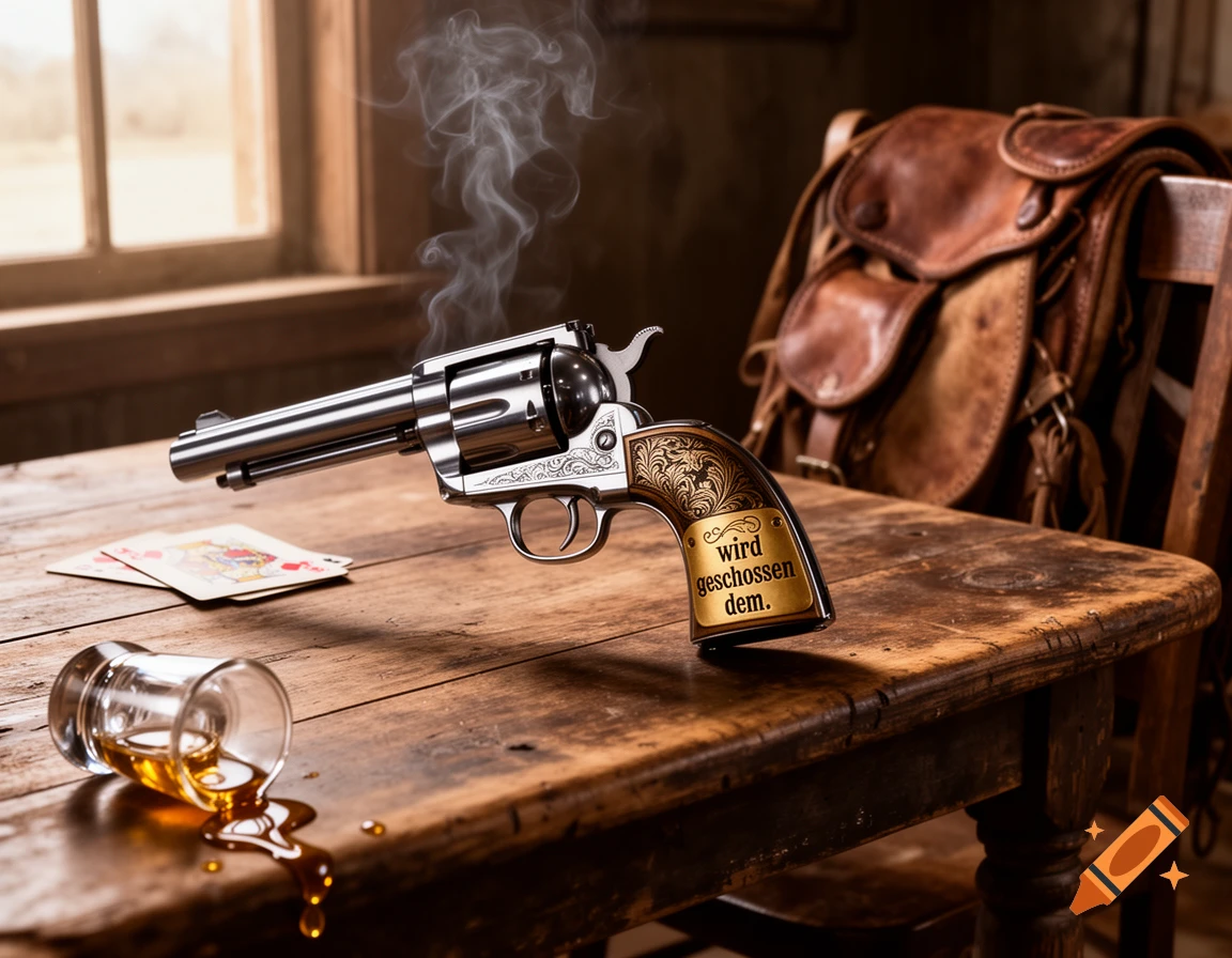 A smoking silver western revolver lies on a rustic wooden table with spilled whiskey, and playing cards, set against a window and leather satchel.