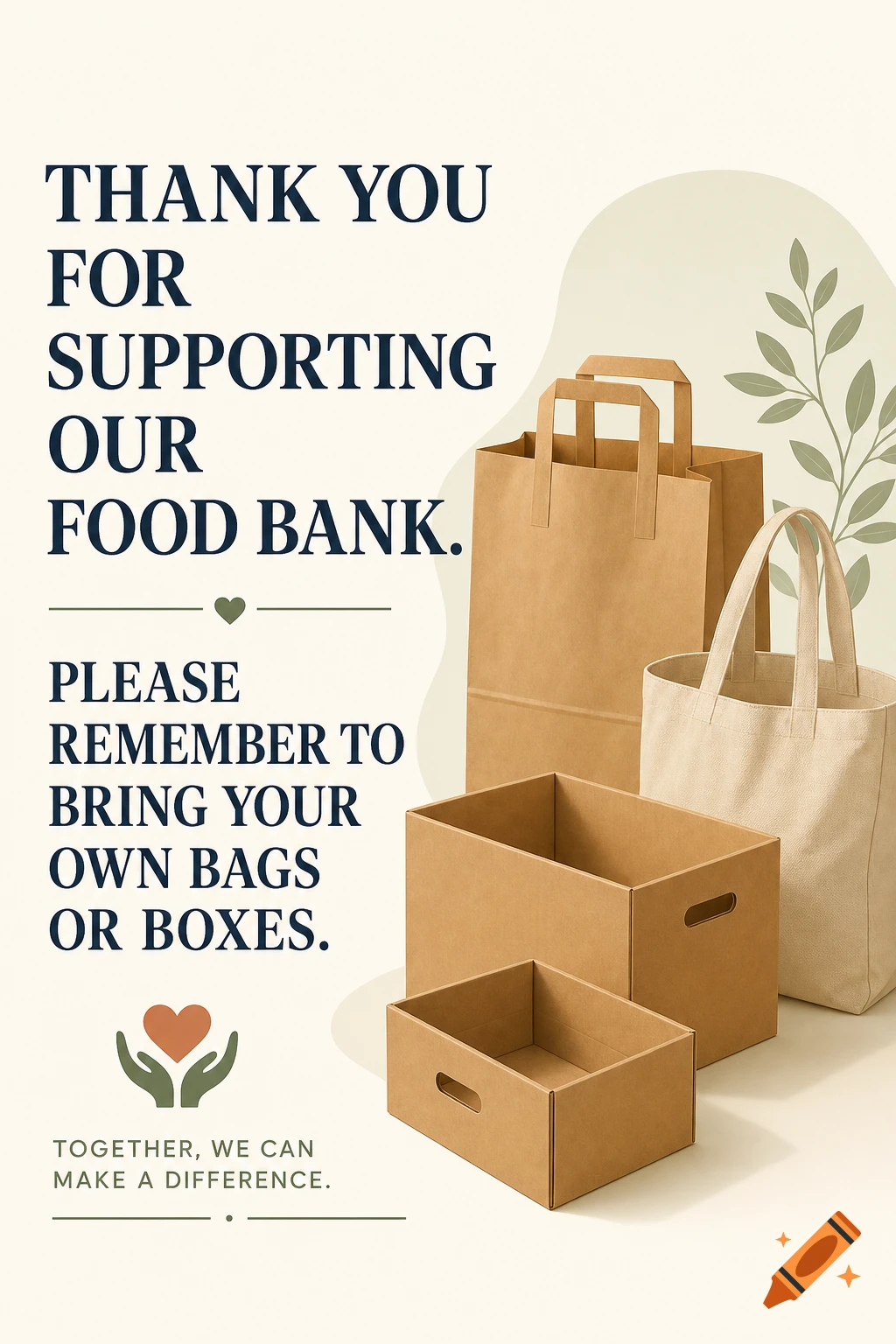 Vector illustration poster for a food bank, with text about supporting and bringing bags, next to brown paper bags and cardboard boxes.