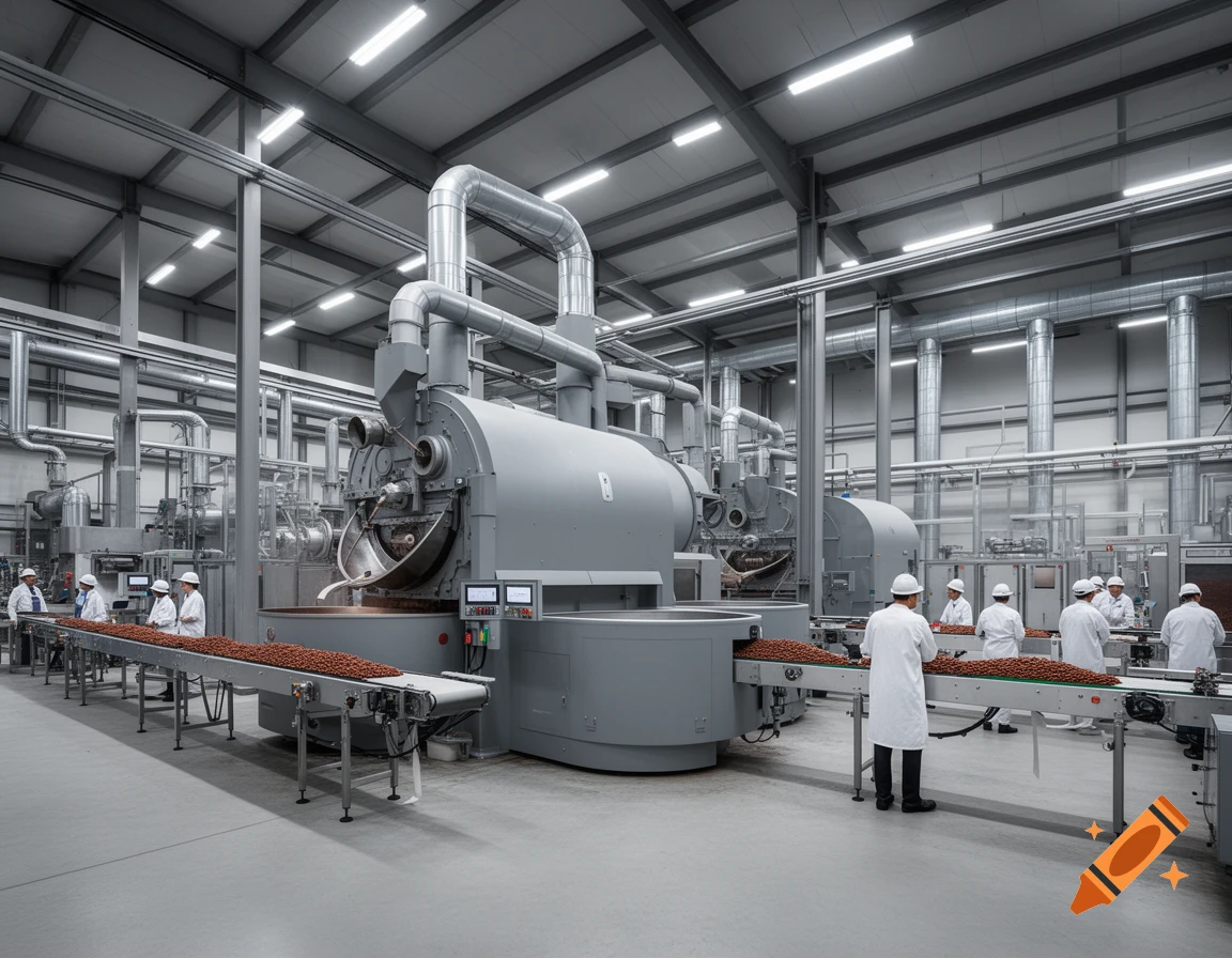 A large, modern industrial factory with gray cocoa roasting machinery and workers in white coats inspecting conveyor belts filled with beans.