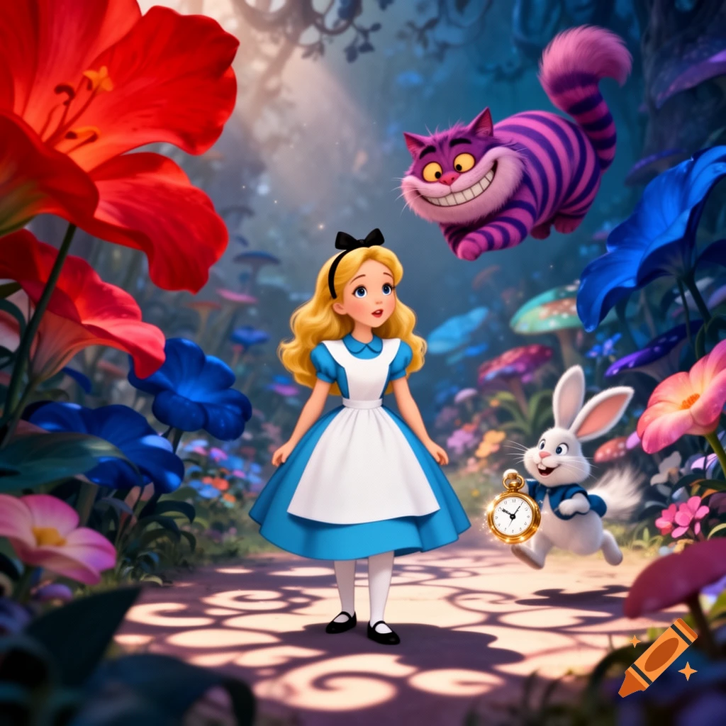 Alice in a blue dress stands in a vibrant, fantastical forest with oversized flowers, as the Cheshire Cat grins above and the White Rabbit holds a pocket watch beside her.