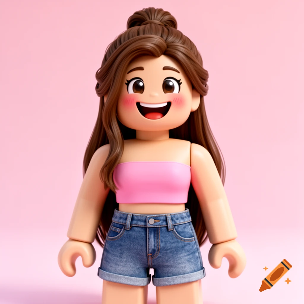 A 3D Roblox avatar with long brown hair in a bun, wearing a pink tube top and denim shorts, smiling against a pink background.