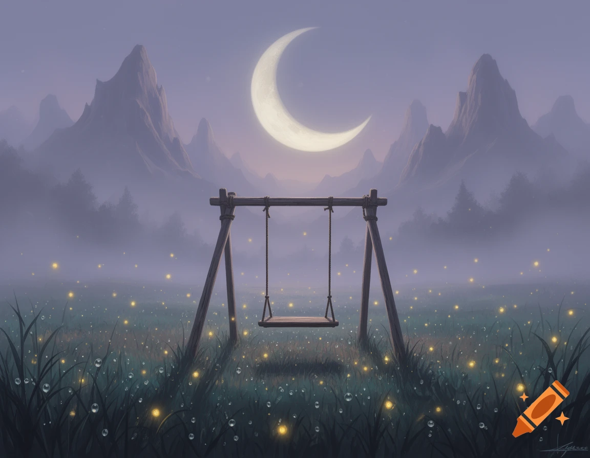 A dreamlike landscape with a wooden swing set under a large crescent moon, surrounded by misty mountains and a field of glowing fireflies and dewdrops.