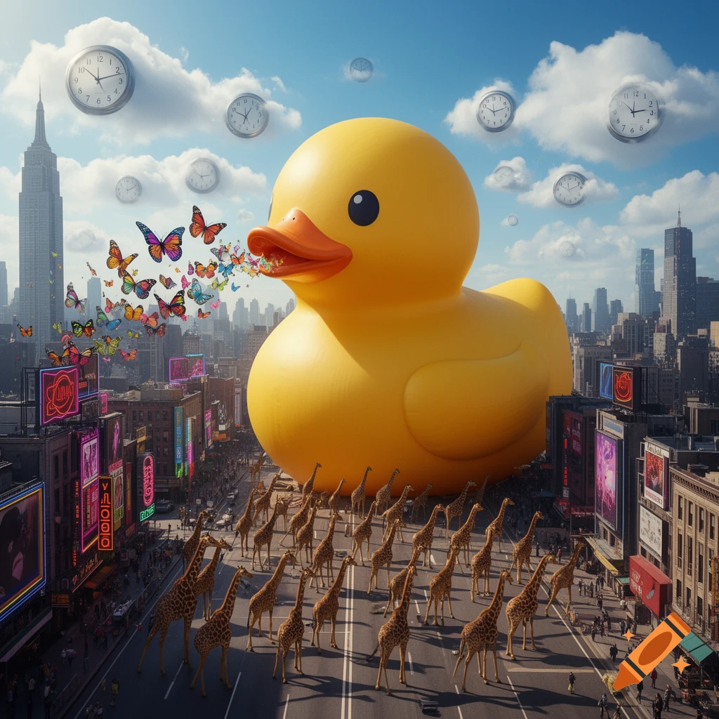 A giant yellow rubber duck stands in a city street with many giraffes walking. Butterflies fly from the duck's mouth, and clocks float in the sky.