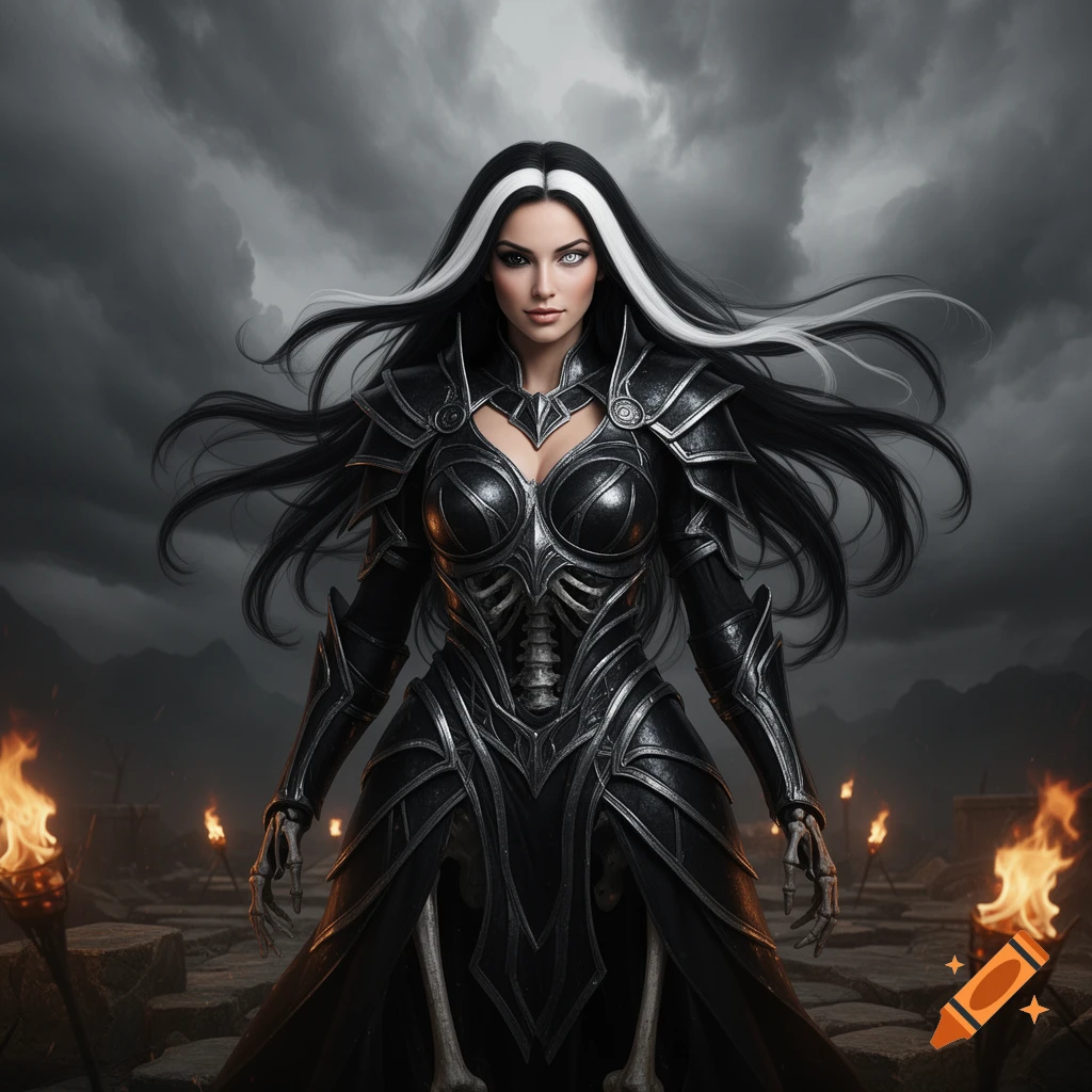 A warrior goddess with black and white hair, dark eyes, wearing black skeletal armor, standing in a desolate landscape with torches under a cloudy sky.