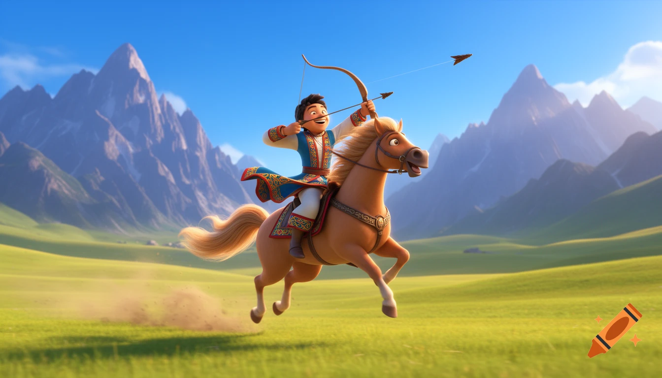 A smiling young nomadic warrior in traditional clothes rides a horse, shooting a bow and arrow, in a colorful 3D animated scene with mountains.