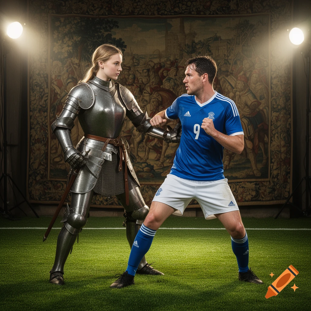 A woman in full knight's armor faces off against a man in a blue soccer uniform on an indoor turf field.