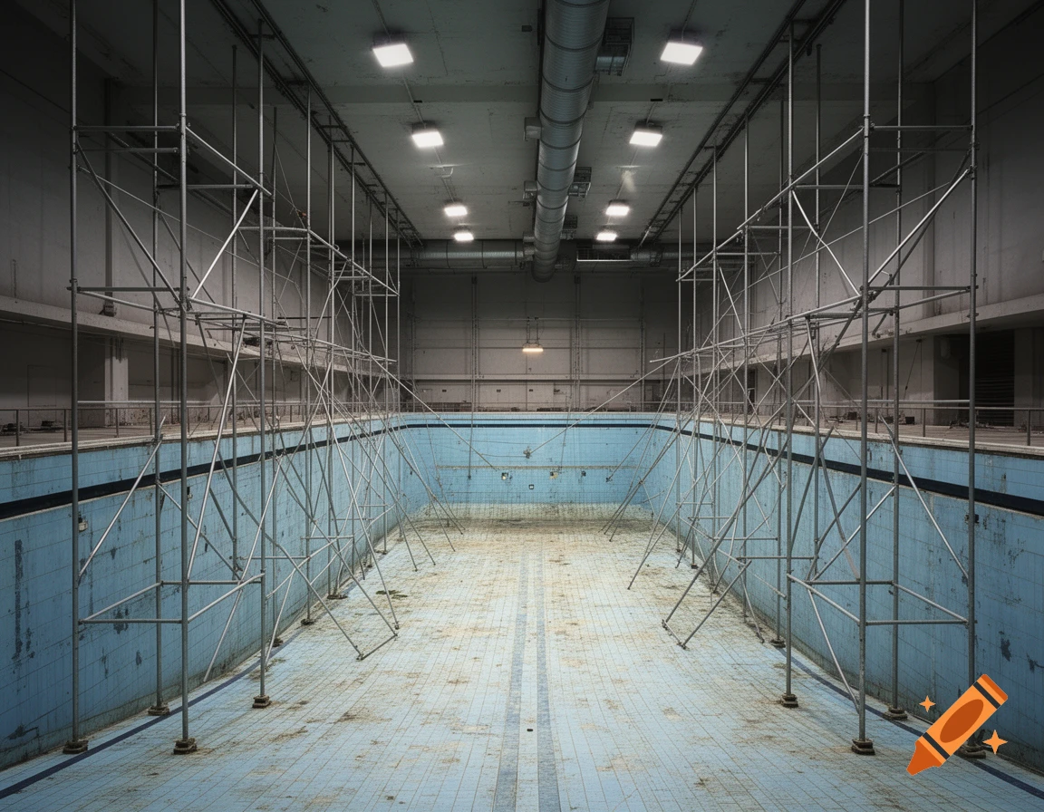 An empty, disused indoor swimming pool with blue tiled walls and floor, filled with tall metal scaffolding structures.