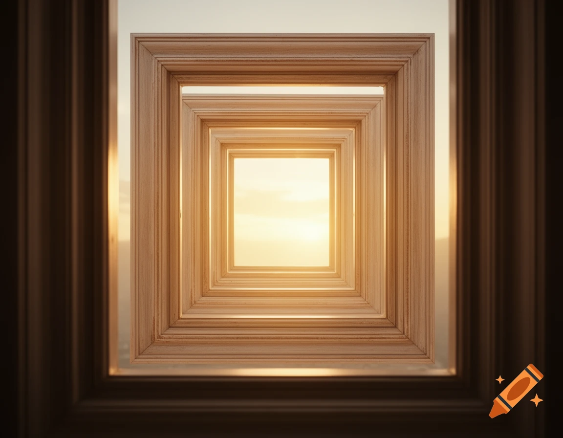 A tunnel of receding wooden frames leading to a bright, sunlit opening in the distance.