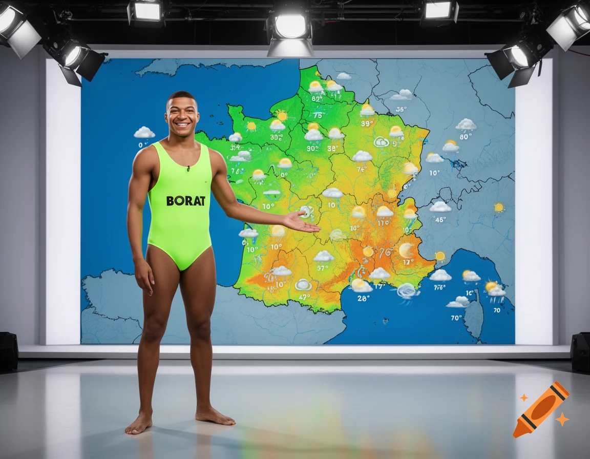Man resembling Kylian Mbappé in a neon green Borat swimsuit presents a colorful weather map of France in a TV studio.