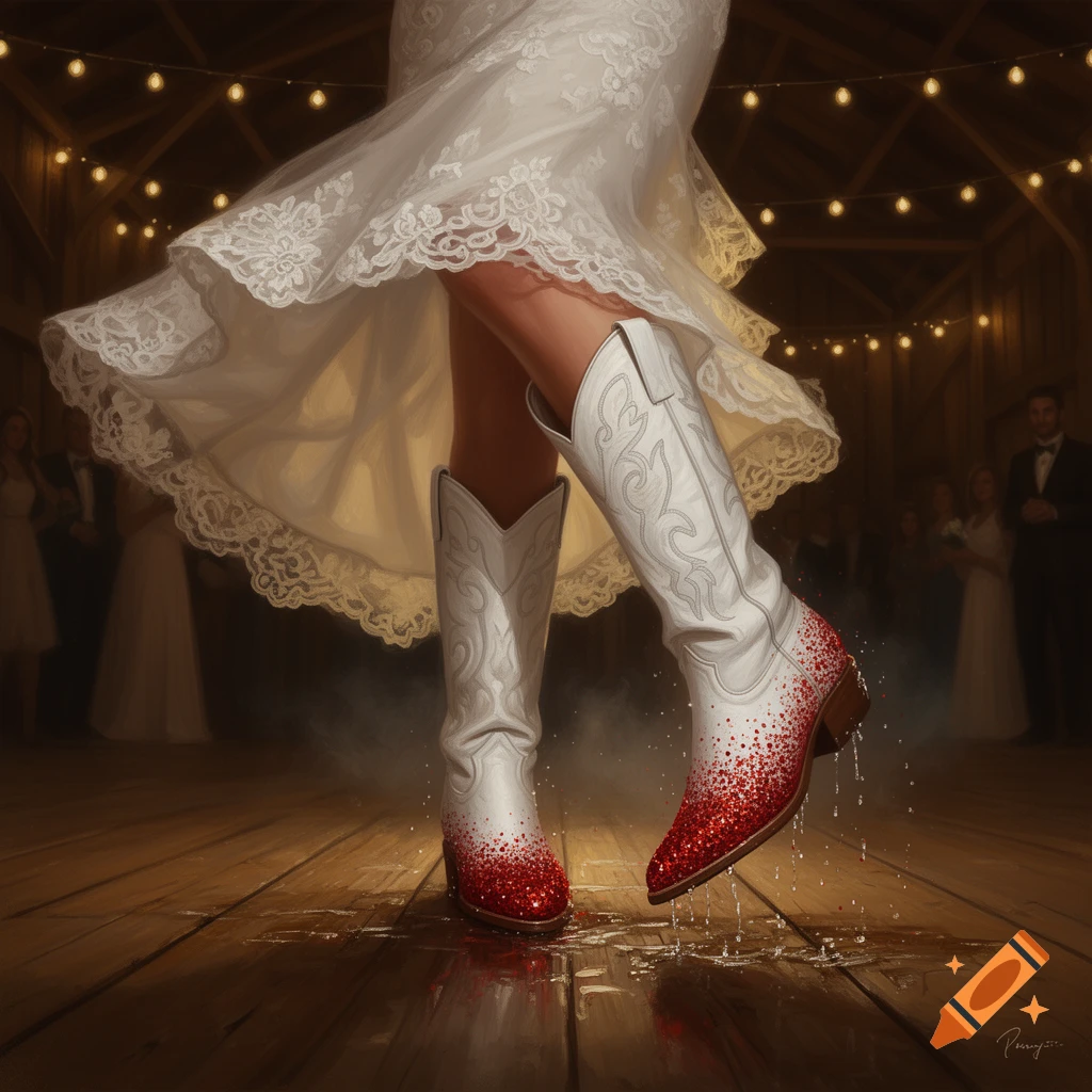 A bride's legs in a white lace dress and white cowboy boots with red glitter toes splash water while dancing on a wooden floor at a barn wedding.