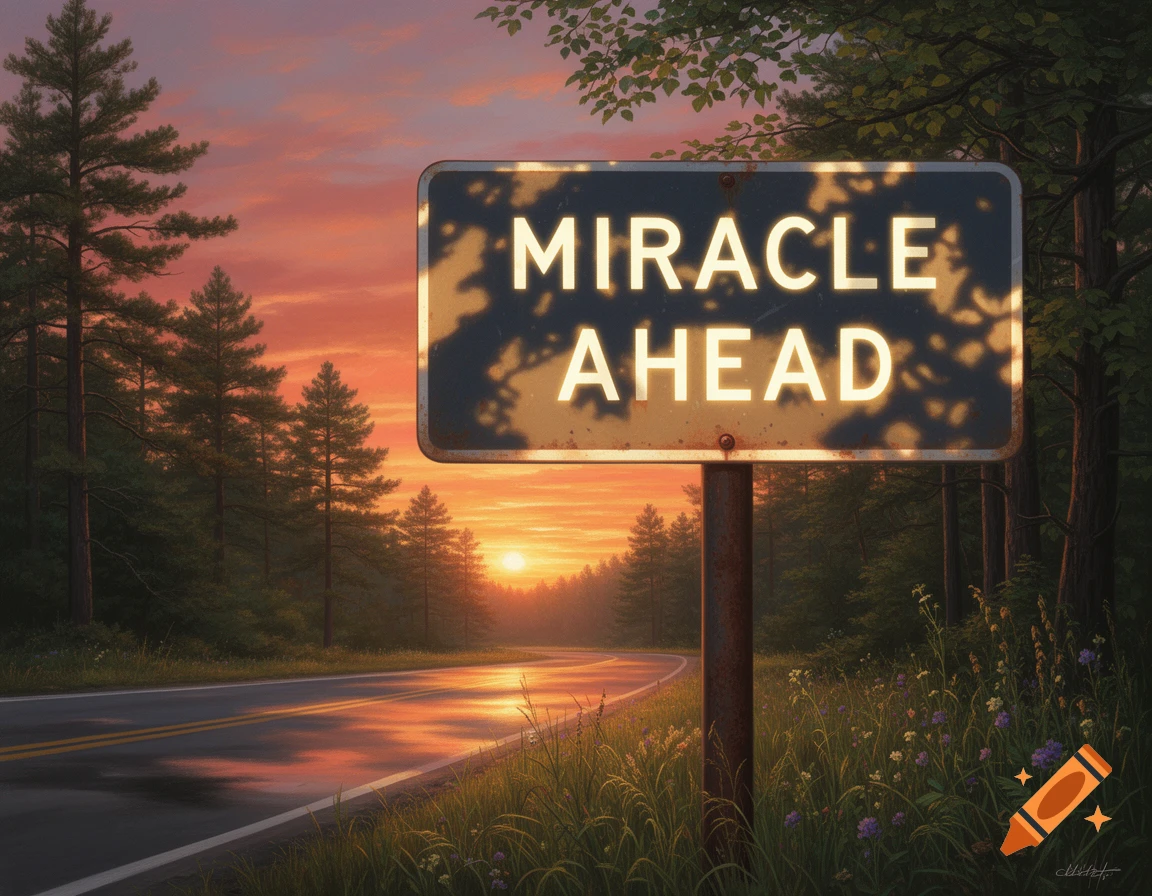 A road sign reading 'MIRACLE AHEAD' on a winding road at sunset, surrounded by pine trees and wildflowers, photorealistic.