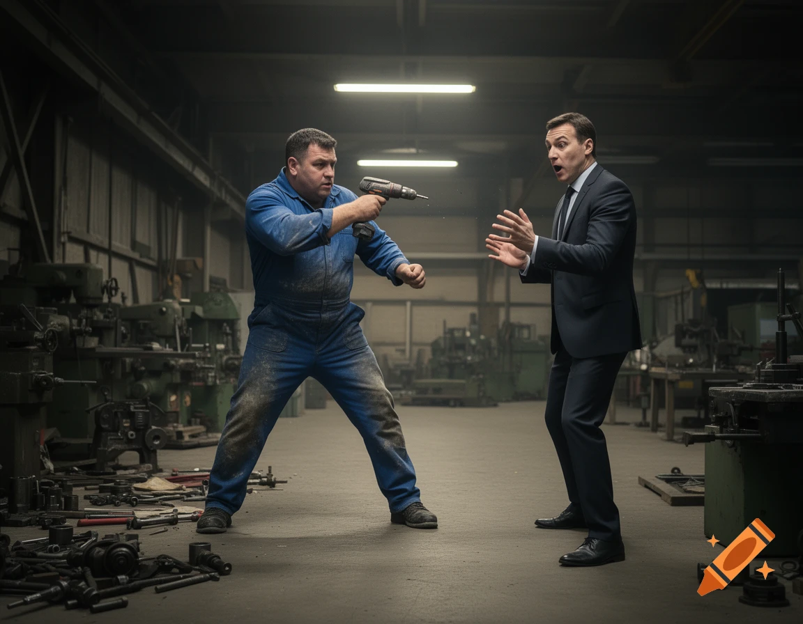 A man in a blue jumpsuit threatens a frightened man in a suit with a drill in a workshop.