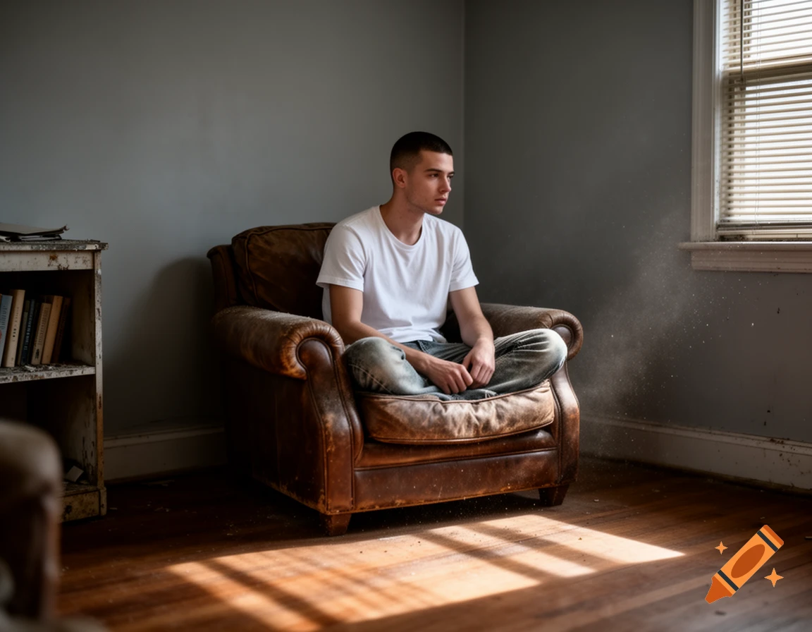 A young man with a buzz cut sits cross-legged in a worn leather armchair, looking away. Sunlight streams through a window, illuminating dust motes in a dusty, sparsely furnished room.