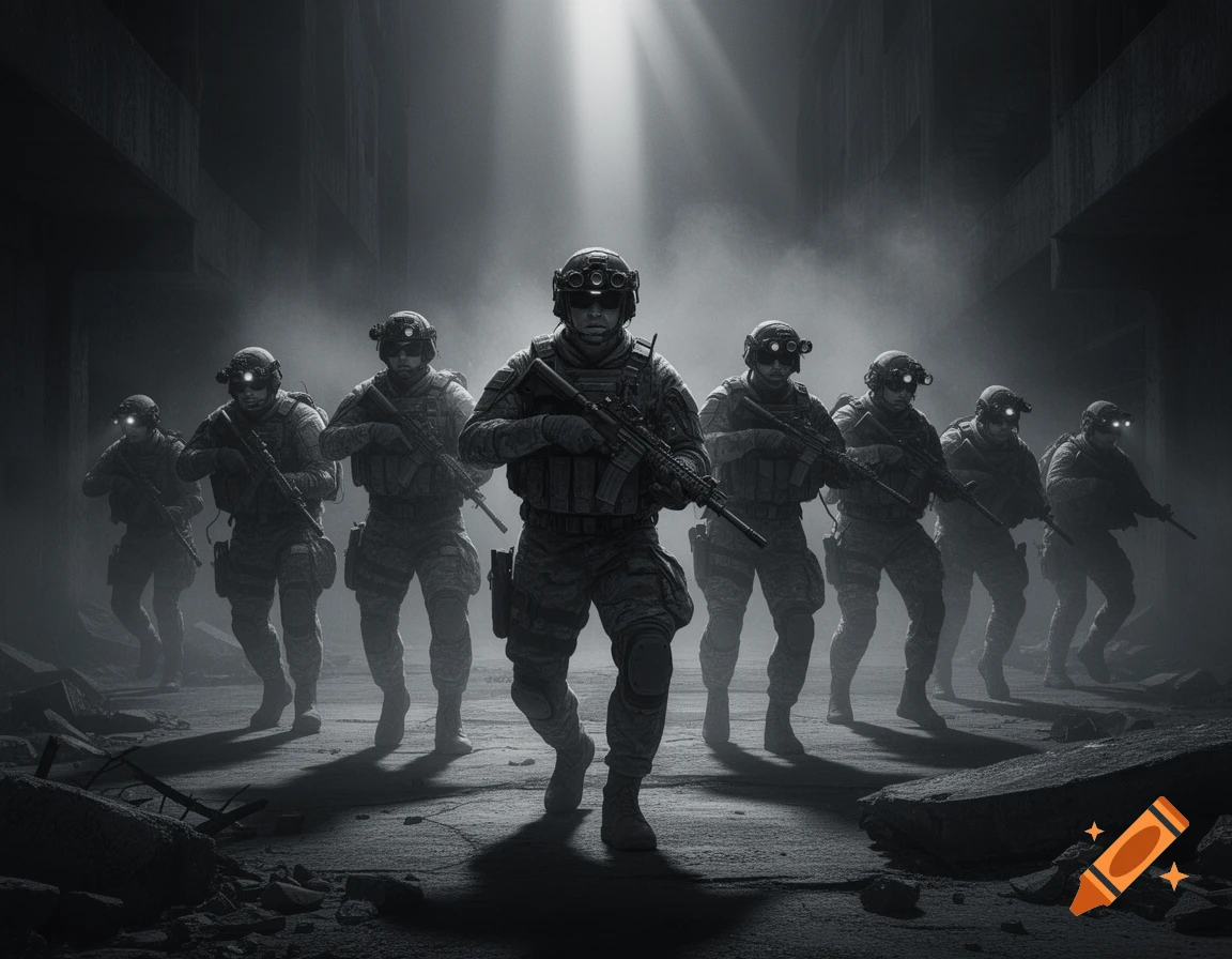 Grayscale image of special forces soldiers in tactical gear advancing through a dark, misty urban ruin, dramatic light.