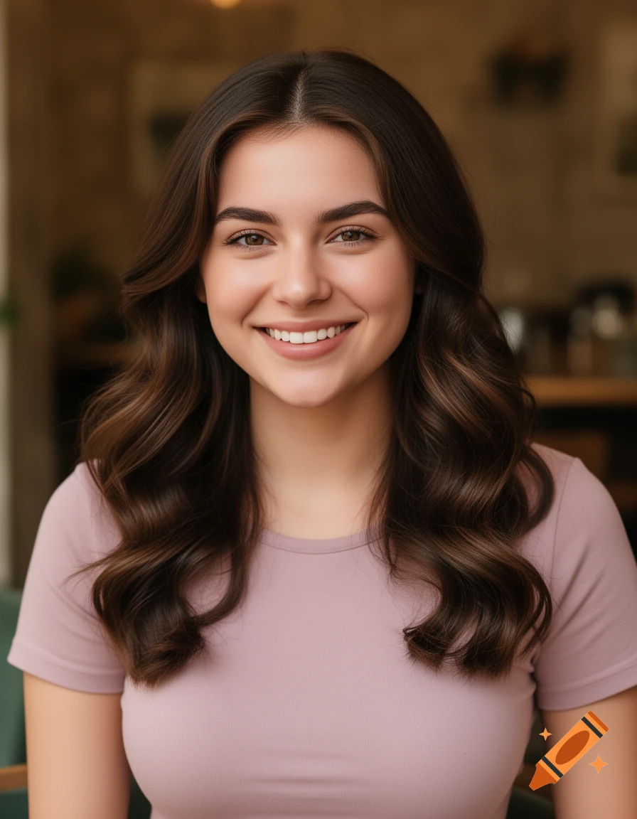 A smiling young woman with long wavy brown hair and brown eyes, wearing a light purple t-shirt, in a photorealistic portrait.