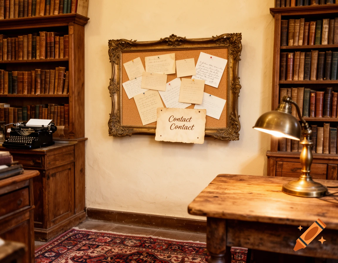 A vintage study with tall wooden bookshelves, a desk with a typewriter and lamp, and a corkboard displaying 'Contact Contact' notes.