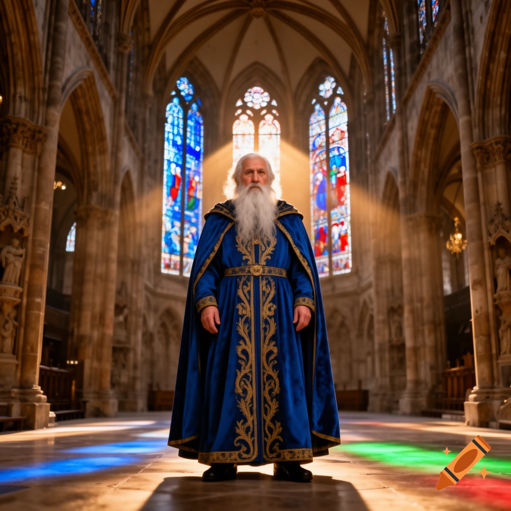 An elderly man with a long white beard in a blue and gold robe stands in a majestic cathedral with sunlit stained glass windows.