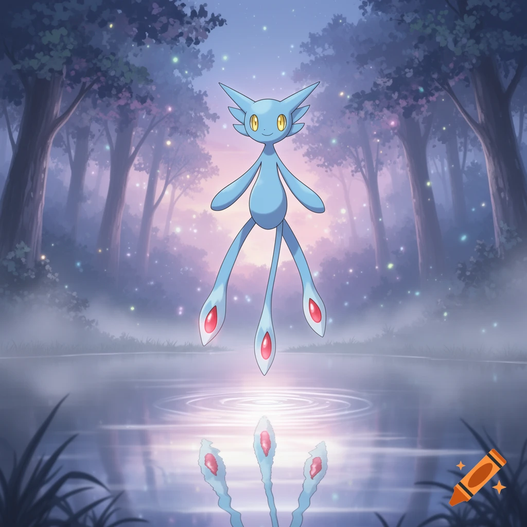 A light blue, ethereal creature with long limbs and red markings floats above water in a magical forest at twilight.
