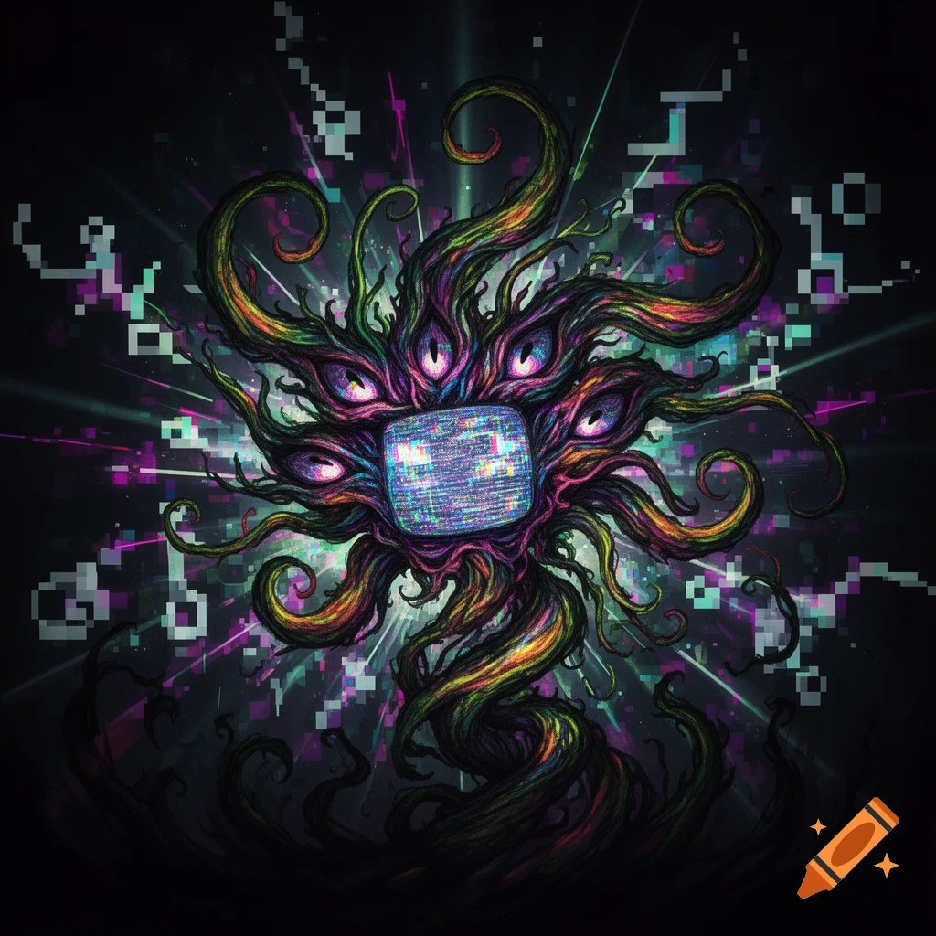 Multi-eyed, tentacled creature with a glitching TV screen for a face, surrounded by colorful digital pixel artifacts on a dark background.