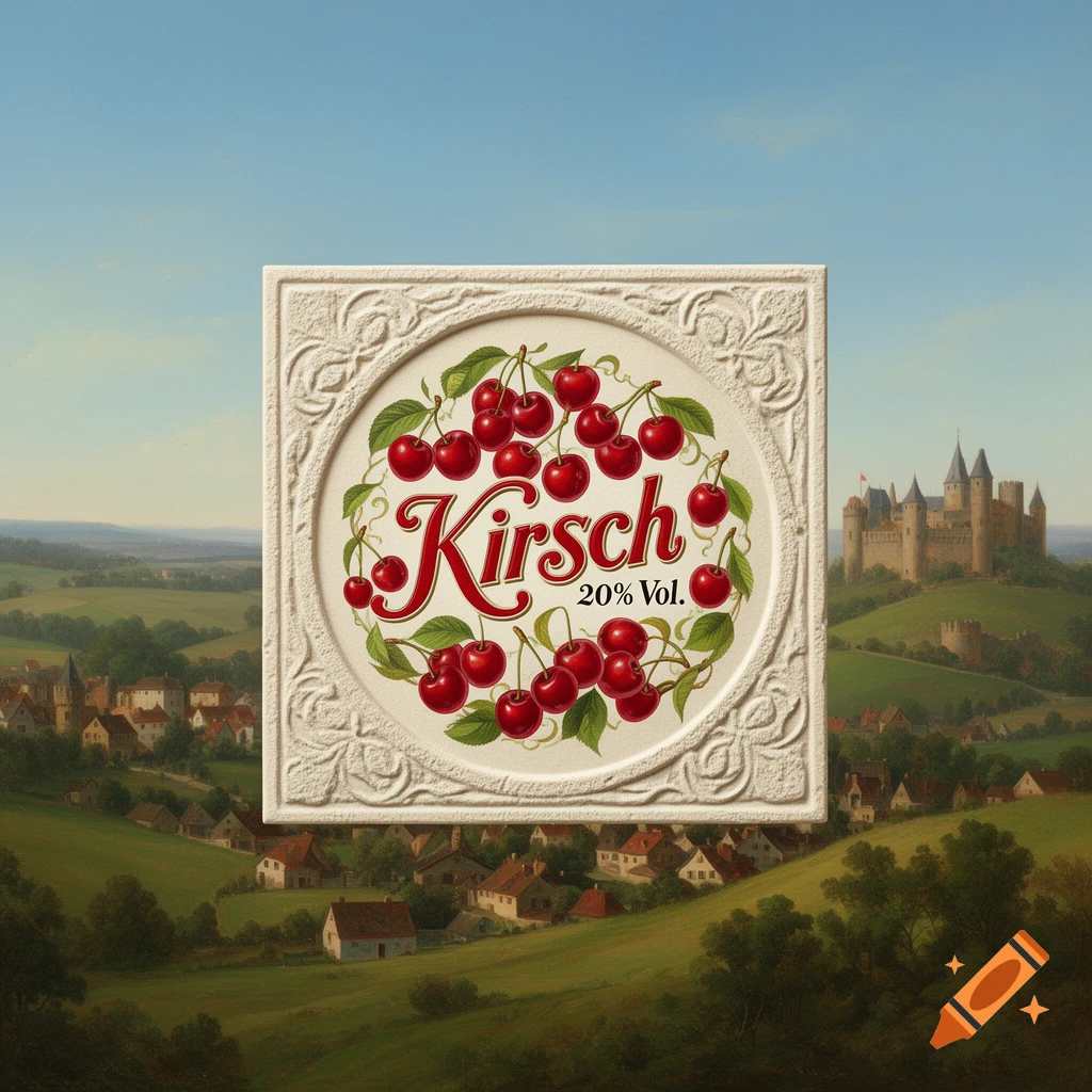 A square label for Kirsch liqueur with cherries and "20% Vol." text, set against a painted landscape with a village and castle.
