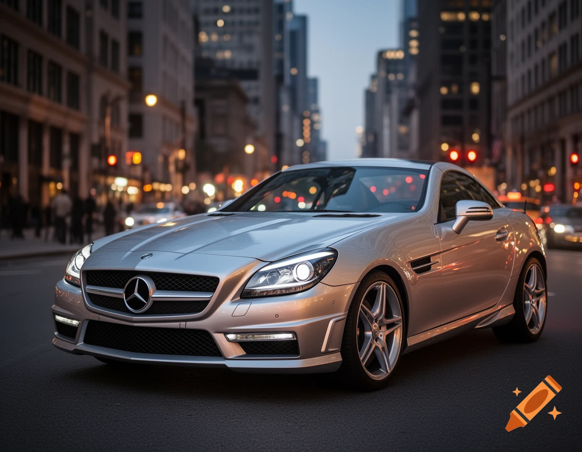 A silver Mercedes SLK sports car drives on a city street at dusk, with blurred city lights and buildings in the background.