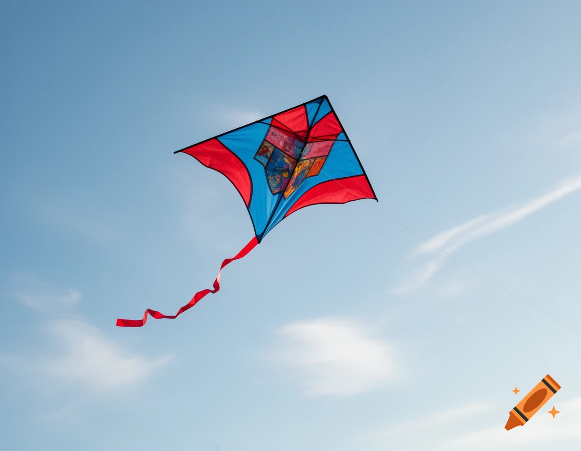 A red and blue kite with an intricate pattern in its center, flying high in a clear blue sky.