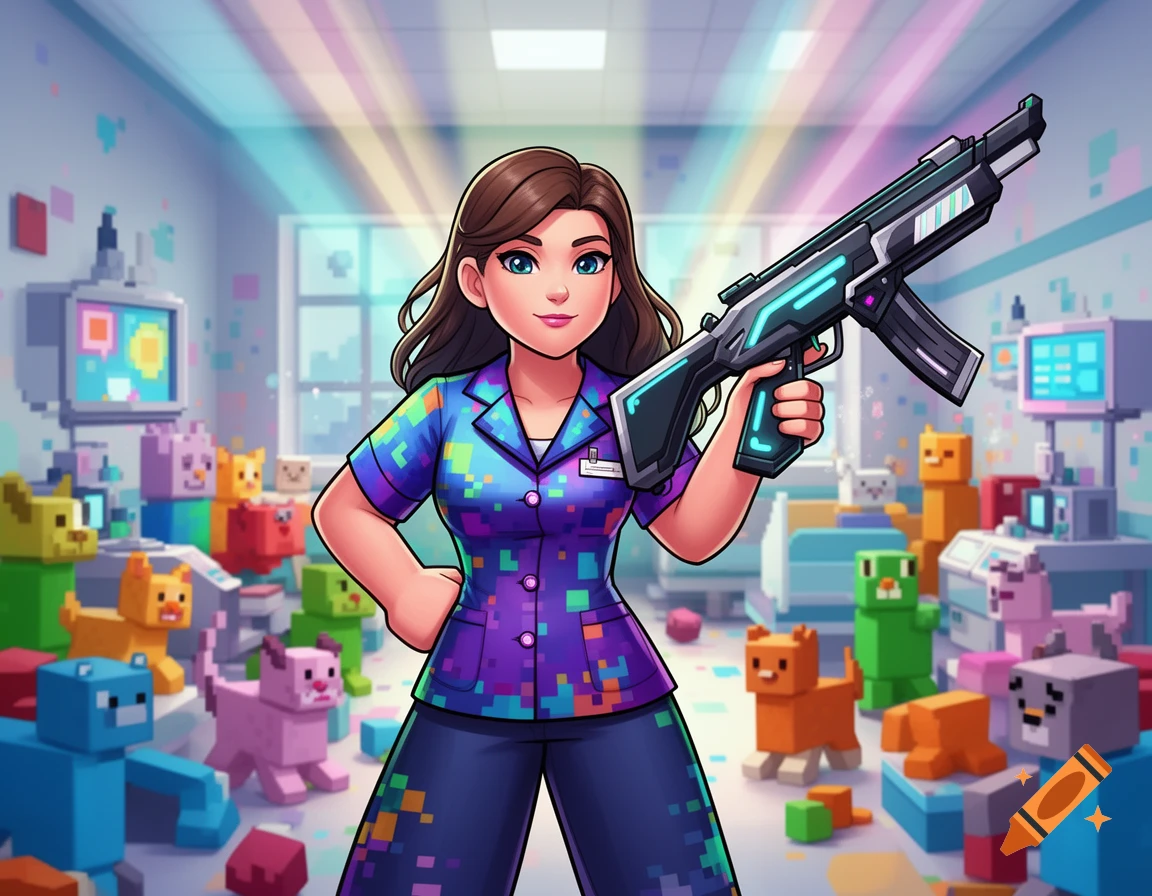 A cartoon woman in pixelated scrubs holds a futuristic gun in a Roblox-style animal hospital filled with blocky animals.