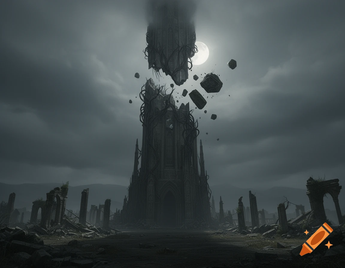 A dark, broken gothic tower with levitating debris and a full moon over a ruined landscape.